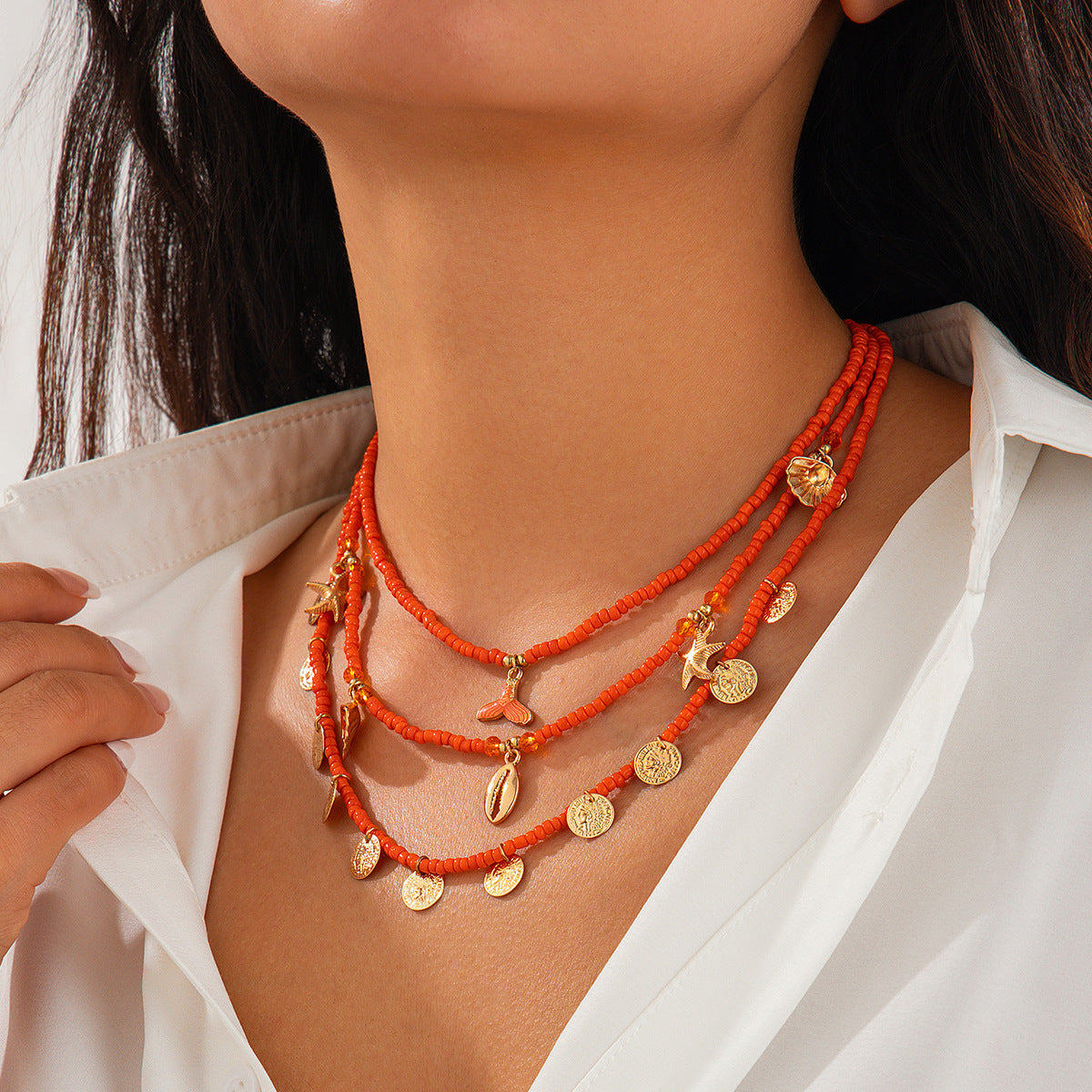 Wholesale  Sequin Shell Starfish Collarbone Necklace Colorful Beads Beaded Fishtail Necklace