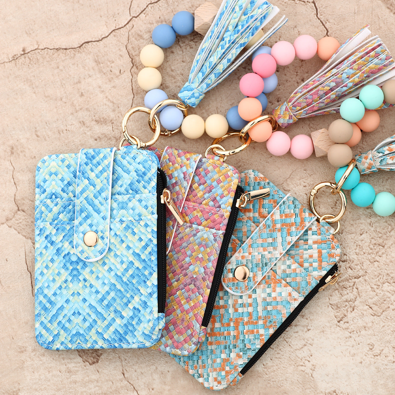 Wholesale  Pattern Folded Card Bag Tk Printed Leather Wallet Wristlet Keychain
