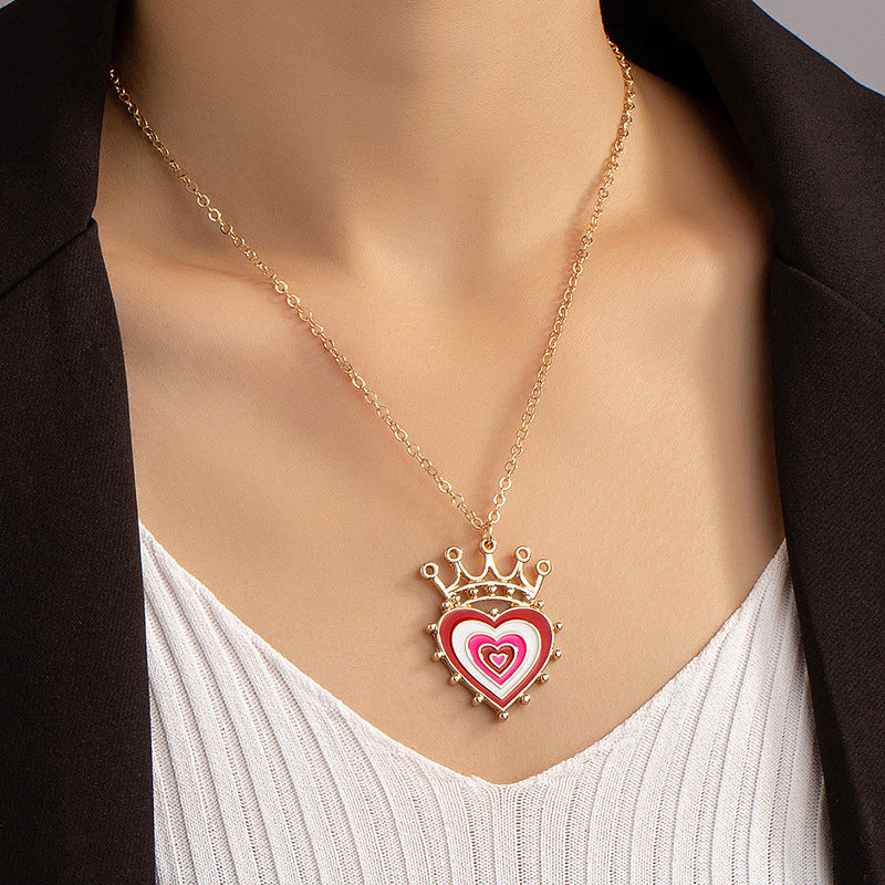Wholesale New Fashion Simple Heart-Shaped Necklace,  Personalized Retro Oil-Drip Color-Blocking Peach Heart Crown Women' s Pendant