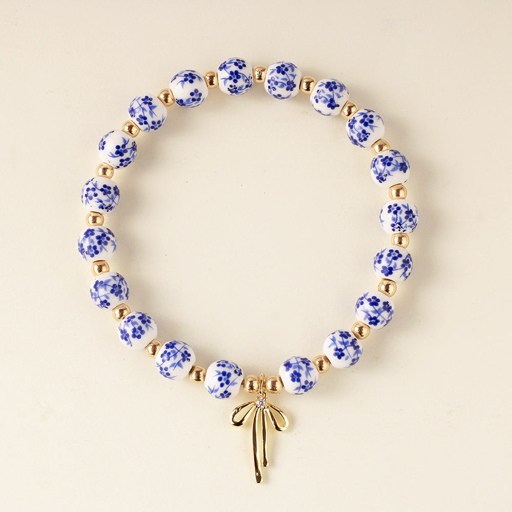 Wholesale 2PCS Blue and white porcelain ceramic man-made pearl cross bracelet