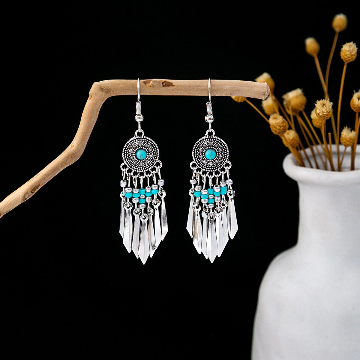 Wholesale retro ethnic style hollow flower tassel turquoise owl alloy earrings ACC-ES-MDD009