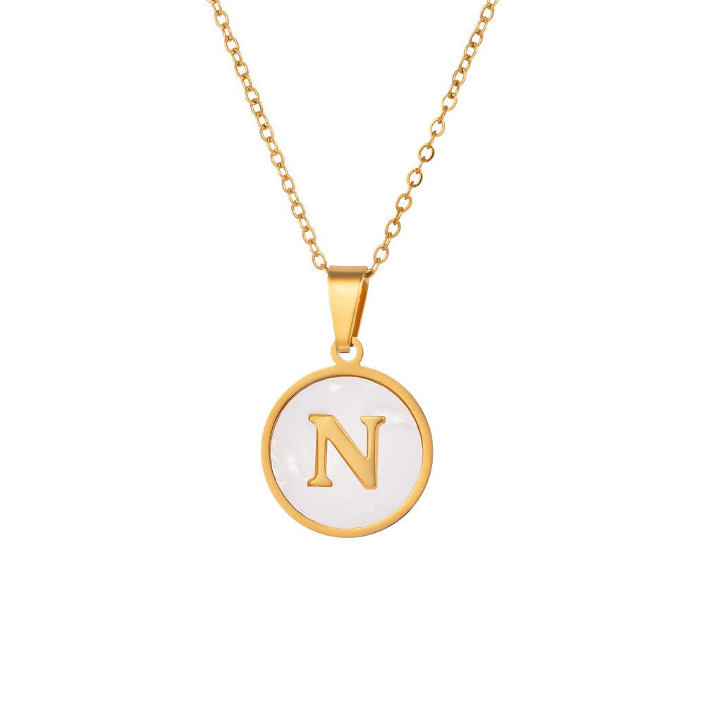 Wholesale Titanium Steel Necklace White Small Round Plate Letter Necklace ACC-NE-XuHao003
