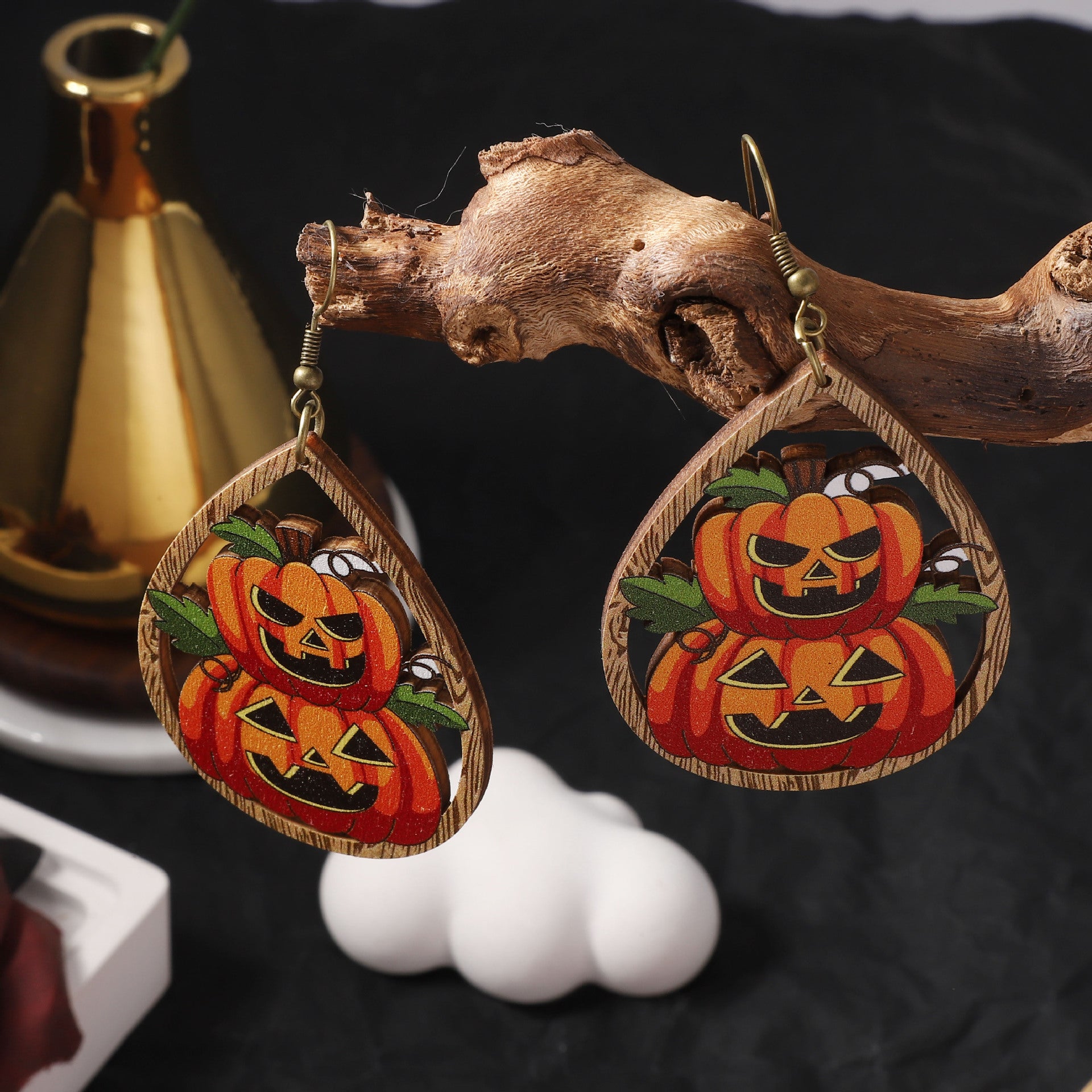 Wholesale  wooden printed water drop pumpkin head earrings