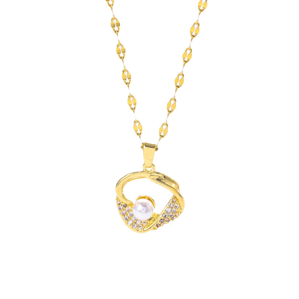 Wholesale Light Luxury Retro Zircon Inlaid  Pearl Pendant Titanium Steel Necklace Earrings Jewelry suit