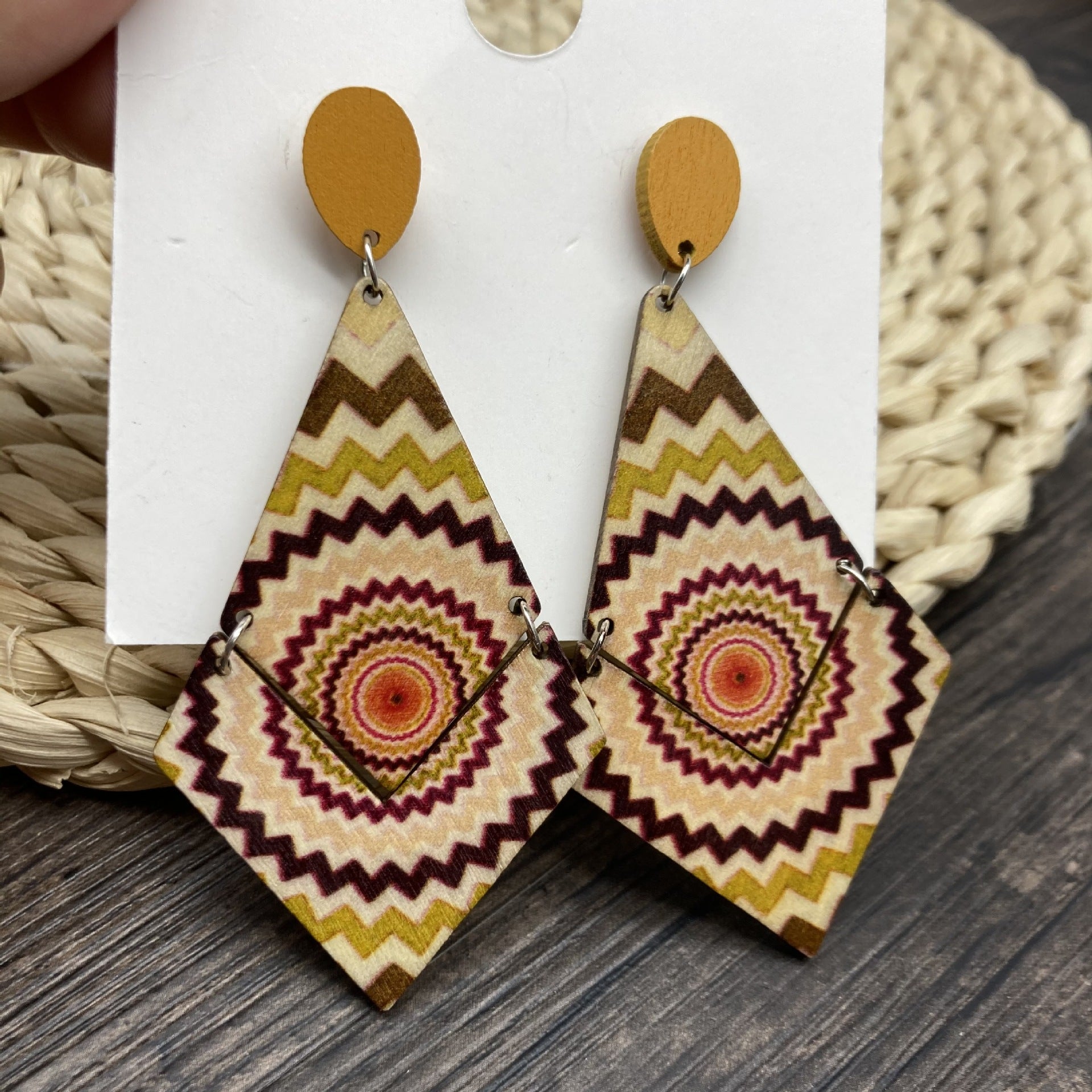 Wholesale Mid-century Style Bohemian Printed Wood Earrings ACC-ES-FX029