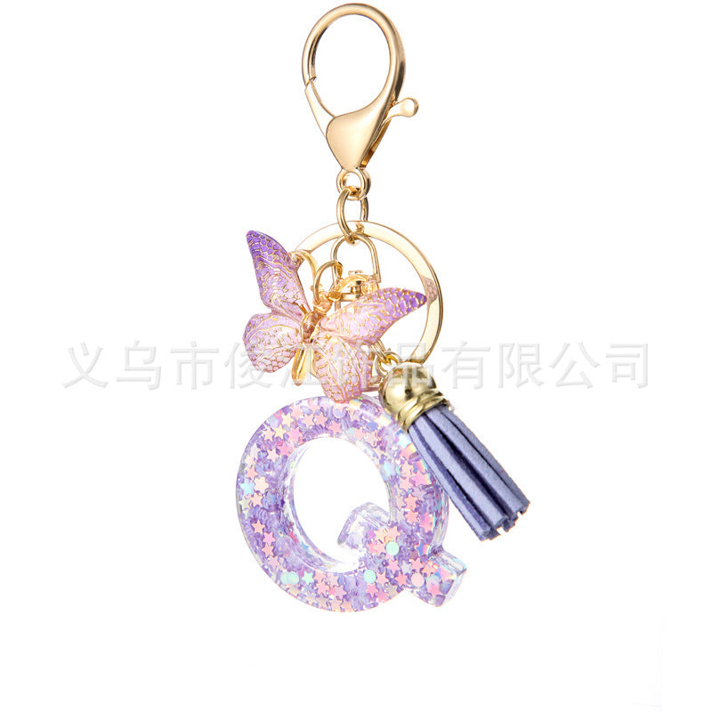 Wholesale Purple Star Tassel Resin Keychain 26 English Letters Bag Charm For Women Students Fashion Decorative Accessory