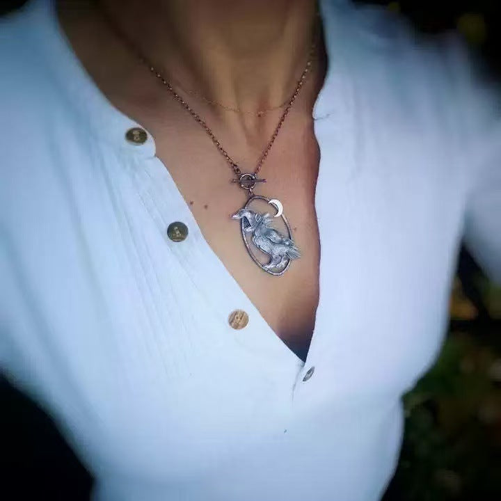 Wholesale Retro Magic Crow Wizard Hat Moon Oval Pendant Necklace