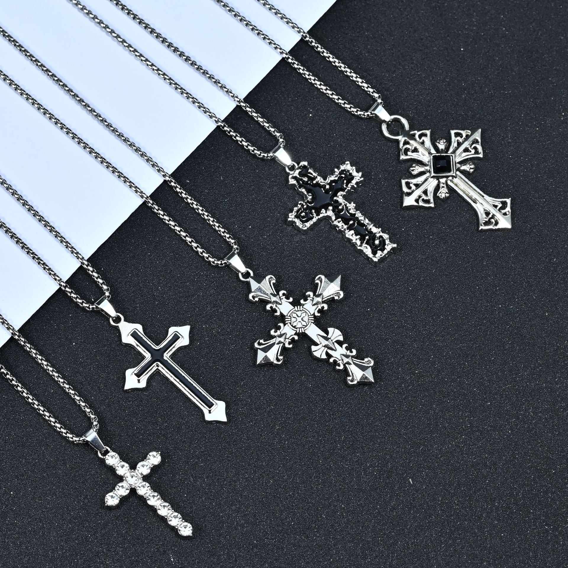 Wholesale Hip Hop Street Punk Black Cross Pendant Necklace Stainless Steel Chain Unisex Fashion Accessory