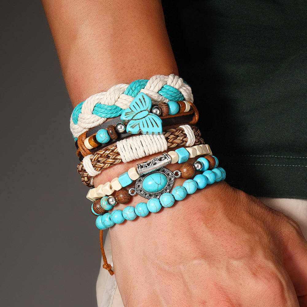 Wholesale Bohemian Men S Six Layer Leather Wood Bead Bracelet Butterfly Design Stylish Jewelry Accessory Everyday Party Gift For Boutique Resale