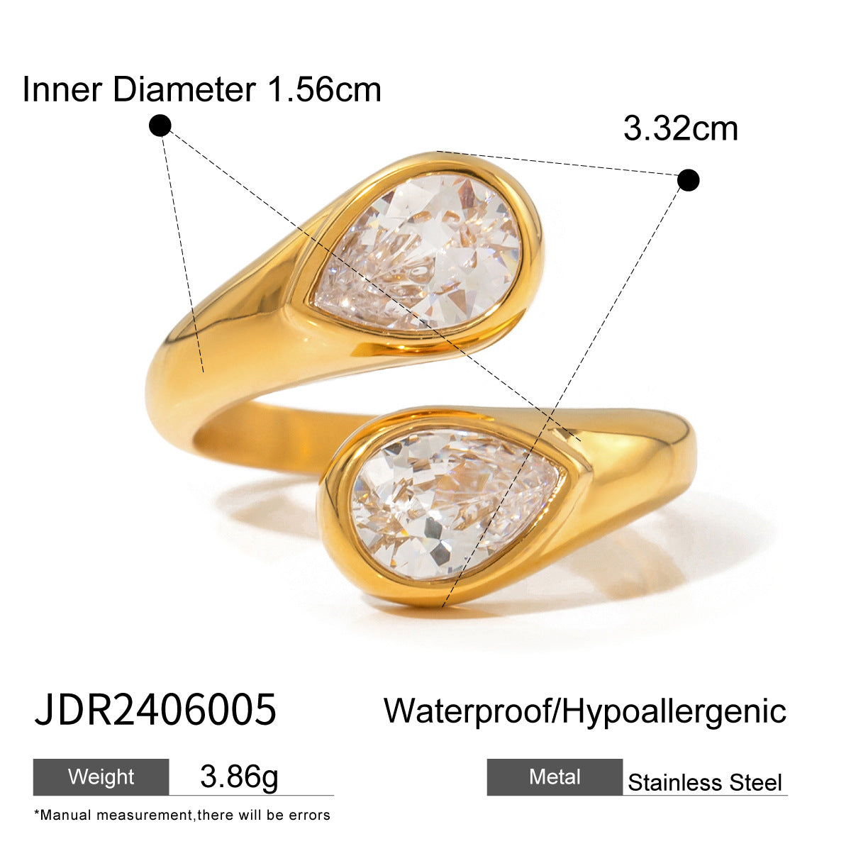 Wholesale does not fade 18k gold stainless steel drop-shaped staggered opening ring