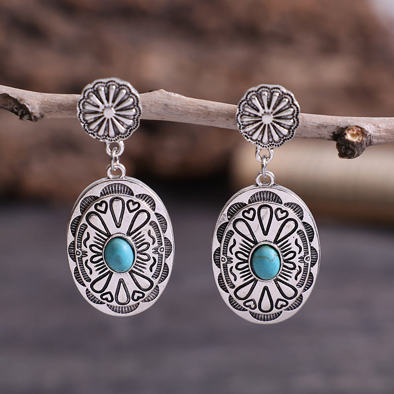 Wholesale Retro Bohemian Turquoise Alloy Carved Earrings Fashion Jewelry Accessory