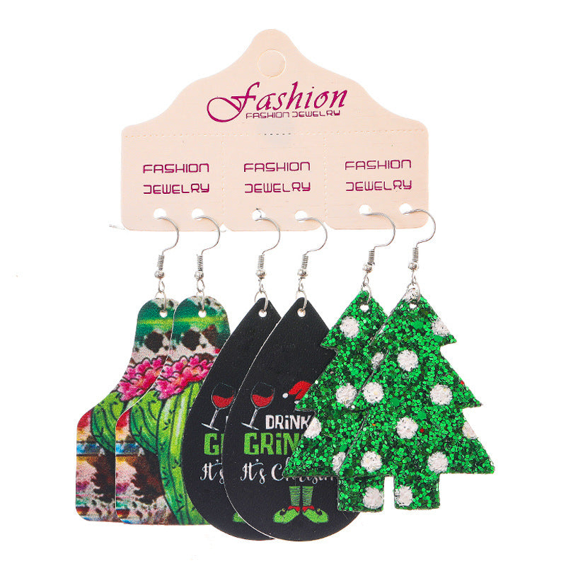 Wholesale 2 Sets Christmas Earrings Set Western Style PU Leather Bull Head Cactus Sunflower Horseshoe Teardrop Earrings ACC-ES-HY131