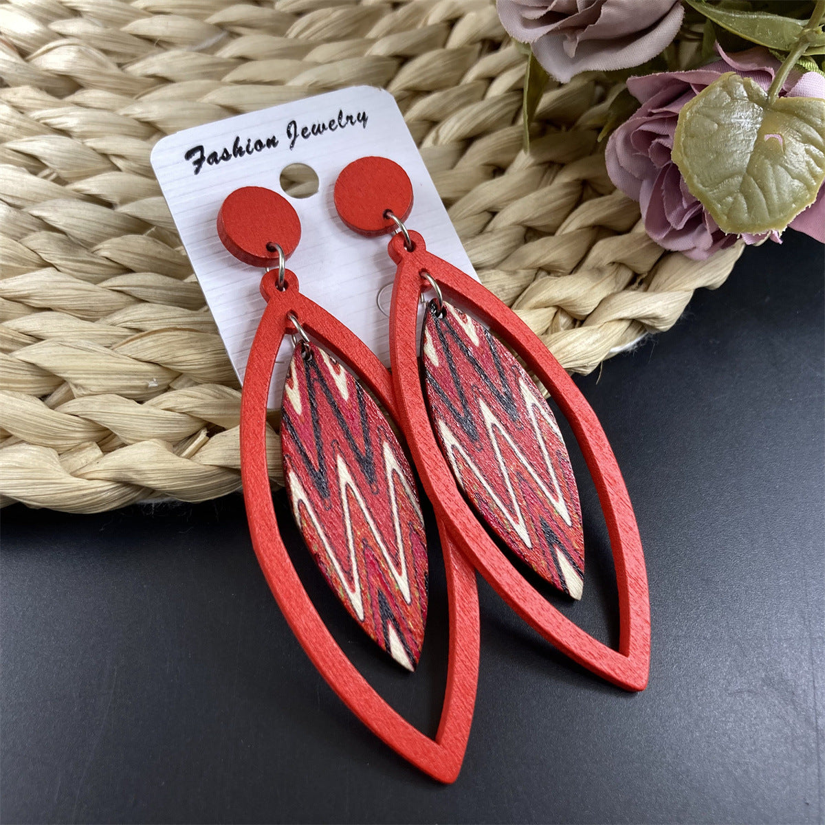 Wholesale Vintage Bohemian Geometric Wooden Leaf Earrings ACC-ES-FX012