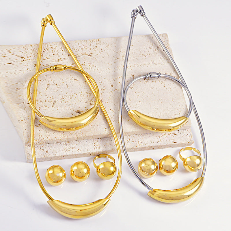 Wholesale Stainless steel magnet hollow elbow snake bone collar gold steel color bracelet  earring necklace suit