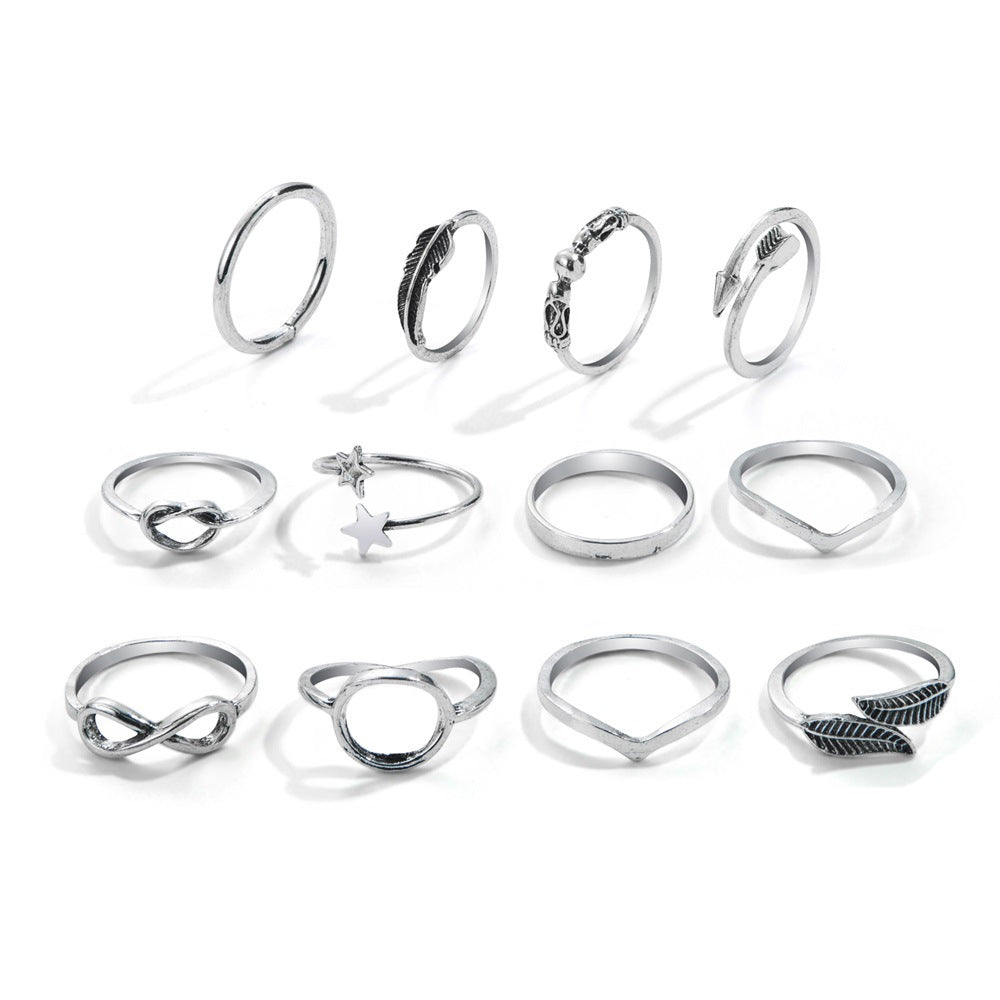 Wholesale 12 PCS/Set Star Moon Letter Leaf Arrow Old Joint Ring Knot Knot Ring
