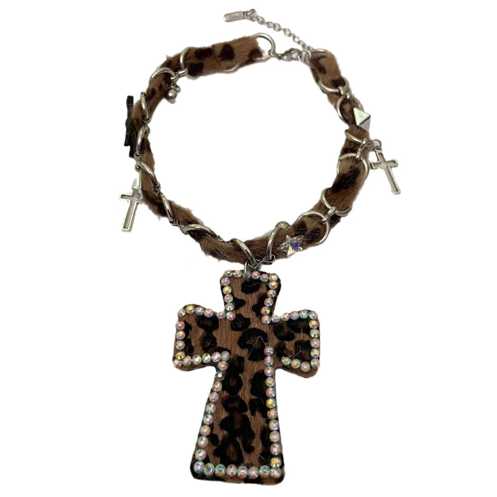 Wholesale Vintage Leopard Print Black Leather Cross Necklace