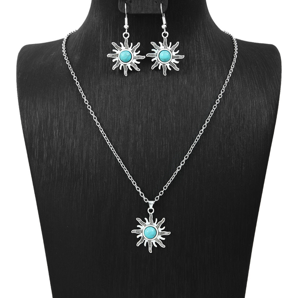 Wholesale Cross-border Amazon popular ethnic style earrings European and American turquoise retro National style earrings necklace suit jewelry
