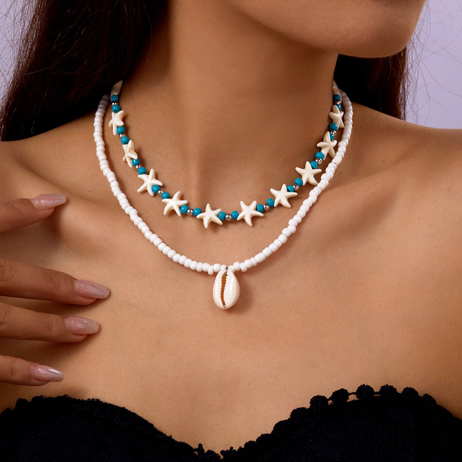 Wholesale  Bohemian Style Double Layer Starfish Shell Rice Beads Card Necklace