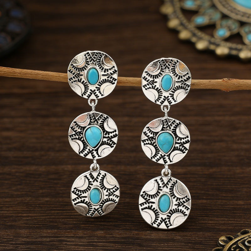 Wholesale Alloy Ancient Silver Long Drop Earrings Retro Western Ethnic Style Jewelry Accessory for Everyday Wear
