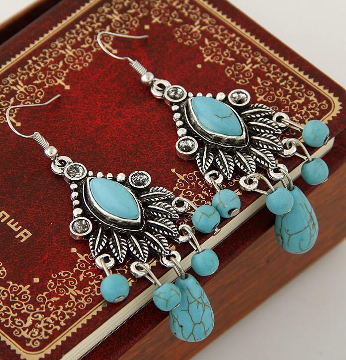 Wholesale  personality turquoise branches and leaves tassel earrings