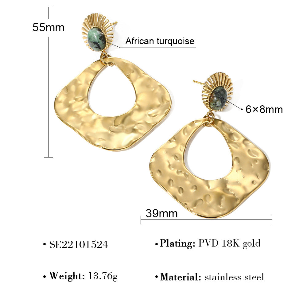 Wholesale Bohemian Retro Hammer Pattern Natural Stone Stainless Steel Earrings
