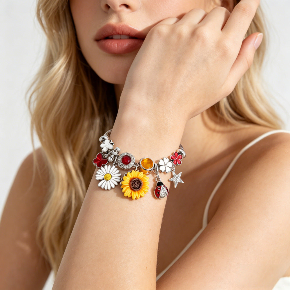 Wholesale Sunflower Bee Adjustable Open Cuff Bracelet Stainless Steel Nature Theme Fashion Accessory Boutique Resale Jewelry