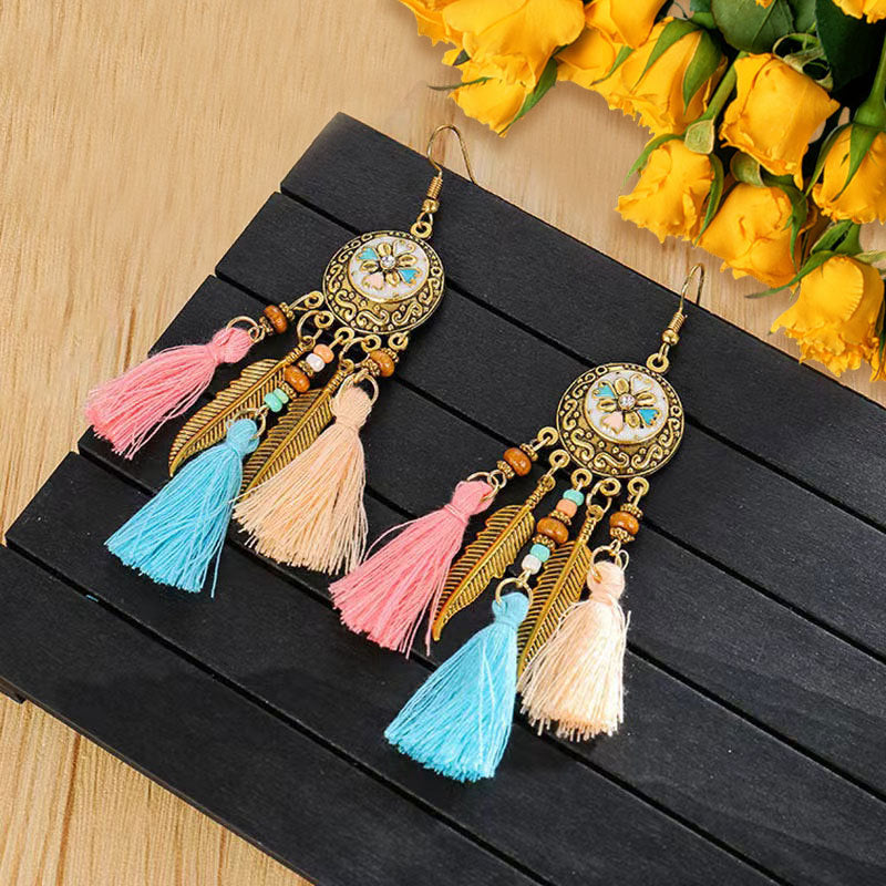 Wholesale Alloy Diamond Cut Bohemian Tassel Earrings Ethnic Style Fashion Accessory