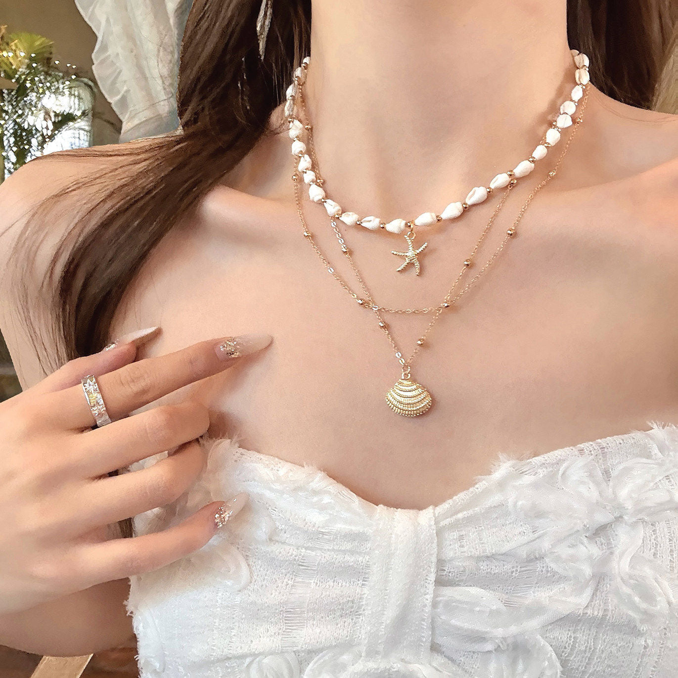 Wholesale Capri Walk Gold Multi-Layer Shell Bead Necklace Beach Vacation Accessory
