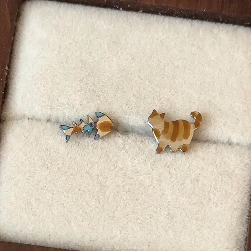 Wholesale Cute Cat Fish Earrings,  Retro Asymmetrical Korean Style,  Alloy Earrings for Women,  Party Accessory