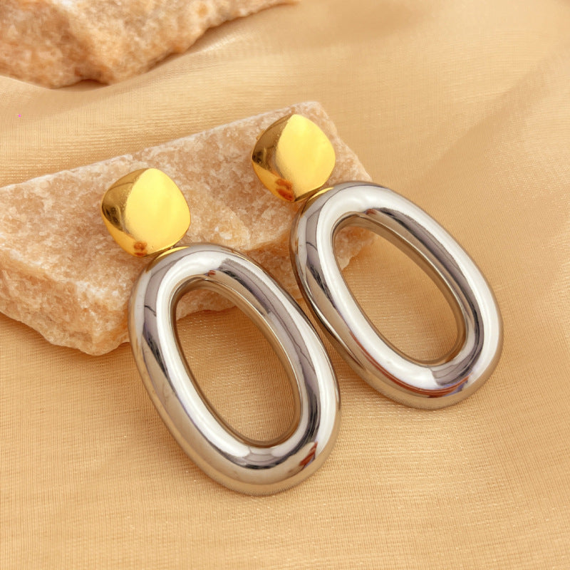 Wholesale Exaggerated Style Retro Water Drops Contrast Color Earrings Stainless Steel Gold and Silver Color-matching Advanced Sense Earrings