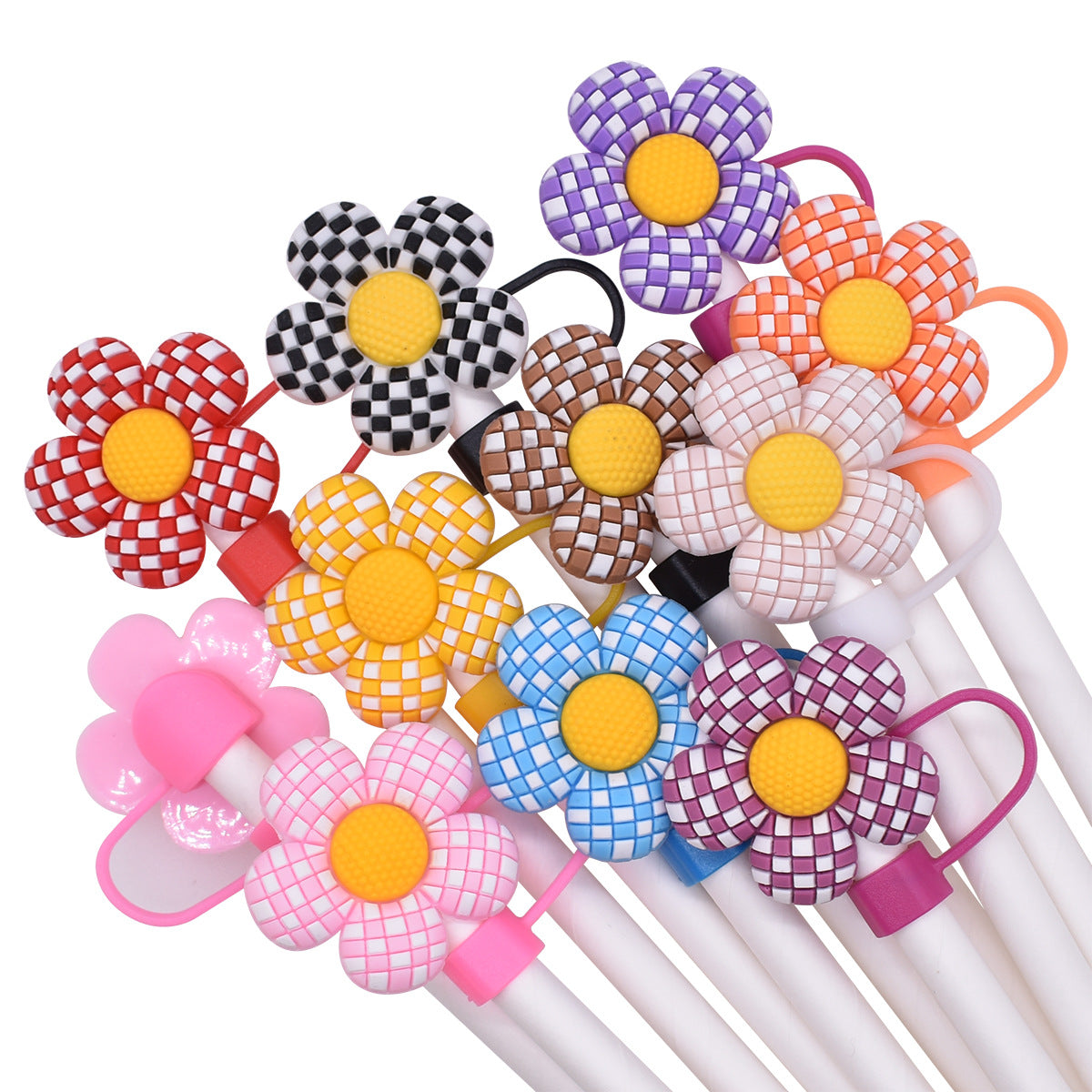 Wholesale 100PCS/random Checkerboard Flower 10MM Dust-proof Straw Cover PVC Soft Rubber Straw Decoration ACC-SCR-JKS001