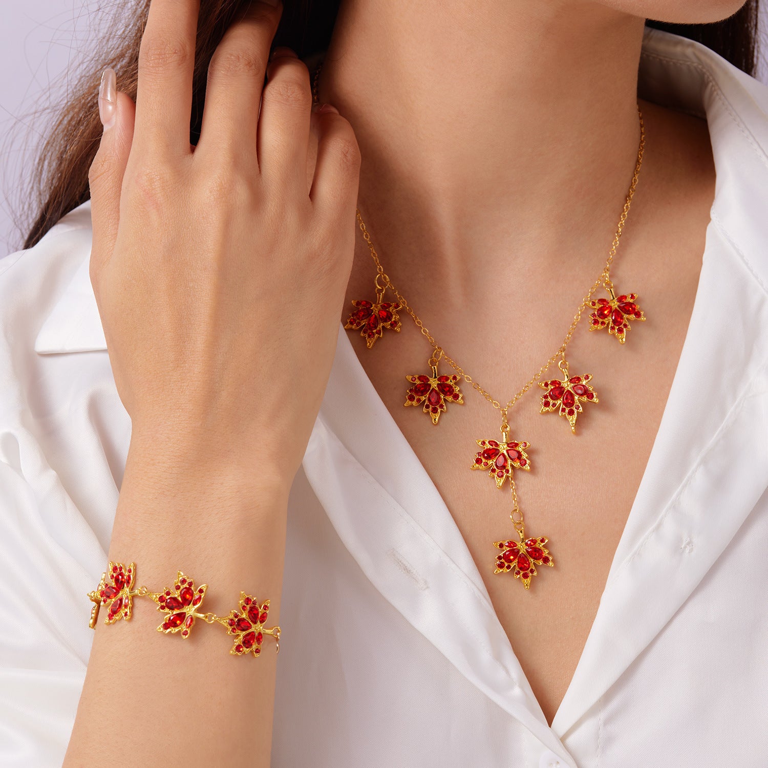 Wholesale Maple Leaf Rhinestone Bracelet and Necklace Set Alloy Fashion Jewelry Accessory