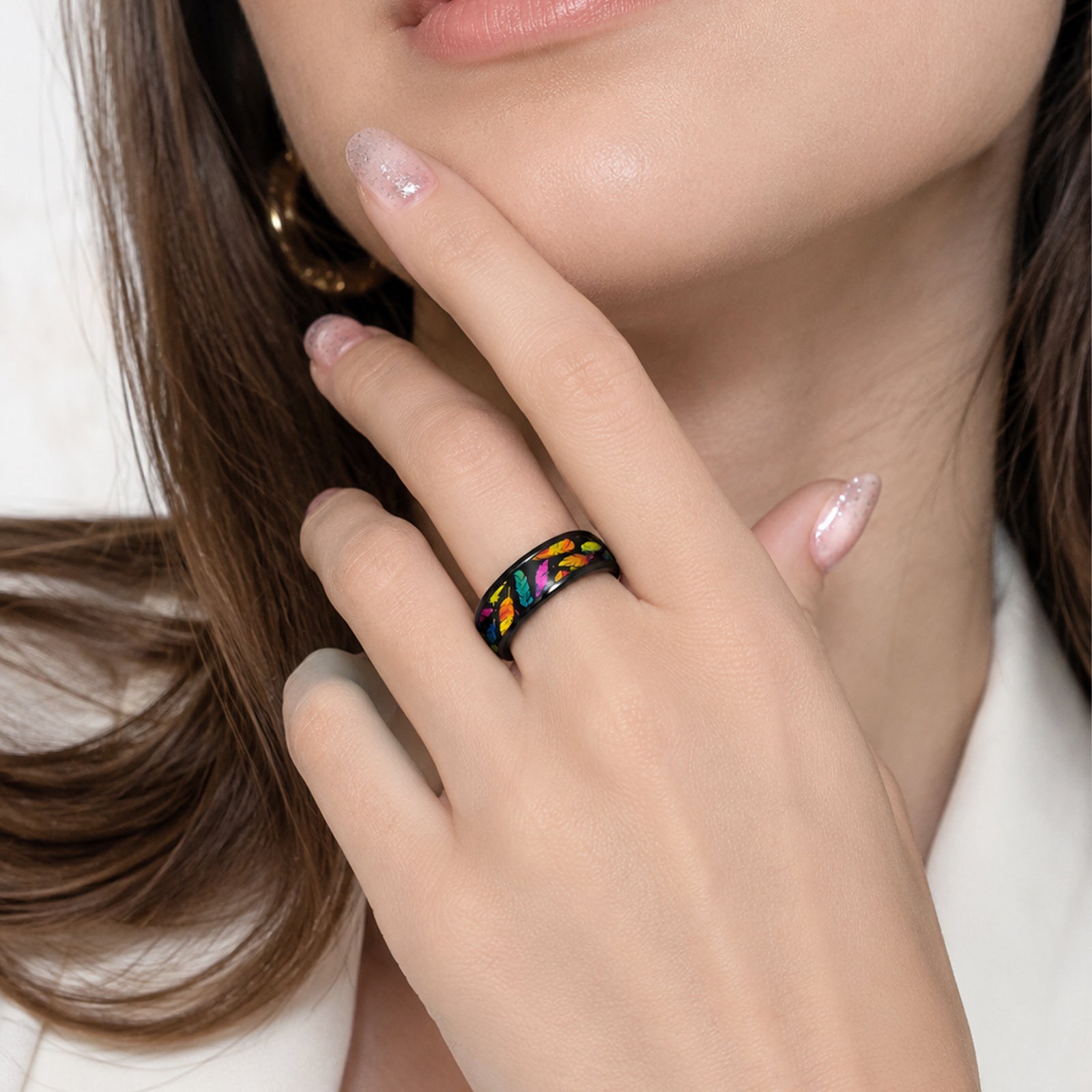 Wholesale Rainbow Feather Print Stainless Steel Ring European American Style Fashion Jewelry Accessory