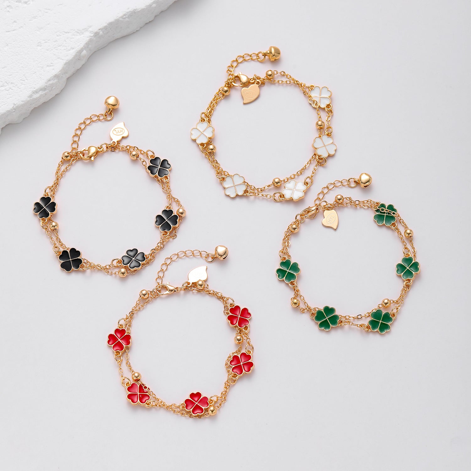 Wholesale Copper Gold Plated Oil Drop Double Chain Four Leaf Clover Bracelet ACC-BT-HengXuan001