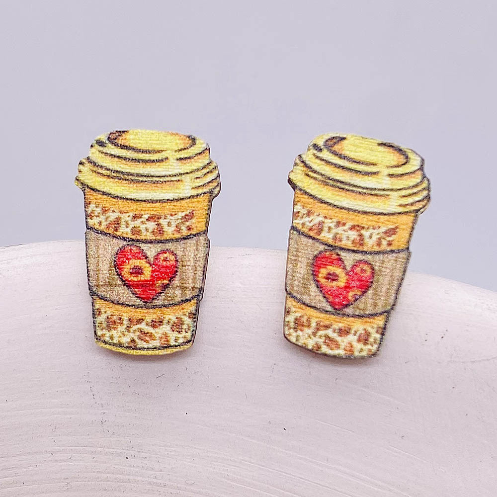 Wholesale Thanksgiving Day Pumpkin Coffee Mug Wood Earrings ACC-ES-PuCi003
