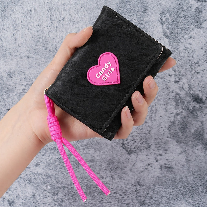 Wholesale PU Women' s Tri-Fold Wallet,  Korean Style Cute Heart Pattern,  Short Lanyard Purse,  Everyday Fashion Accessory