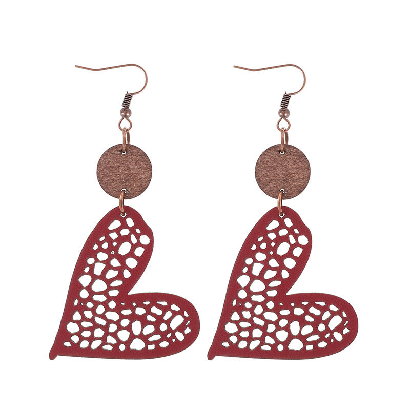 Wholesale Valentine's Day Love Wood Pieces Hollow Mesh Leather  Earrings