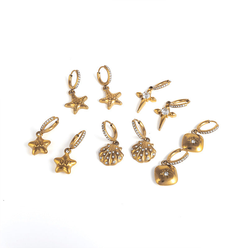 Wholesale Stainless steel summer ocean series starfish and conch pendant earrings