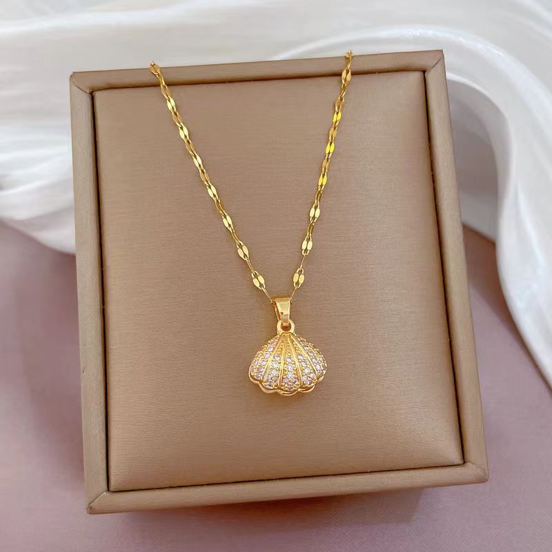 Wholesale Korean Style Shell Pearl Zircon Stainless Steel Necklace – Chic Jewelry Accessory for Women