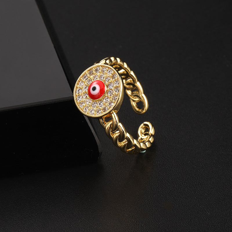 Wholesale Stylish Women S Open Ring With Colorful Enamel Zircon Eye Design Copper Electroplating Chic Jewelry Accessory For Gift And Resale