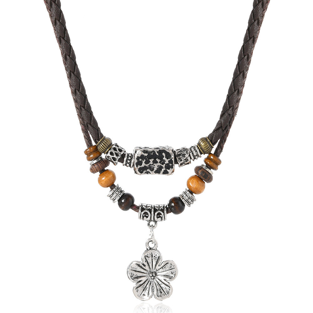 Wholesale PU leather vintage floral double-layered necklace