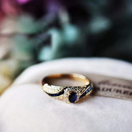 Wholesale 18K Gold Plated Alloy Ring with Blue Sapphire and Zircon for Women