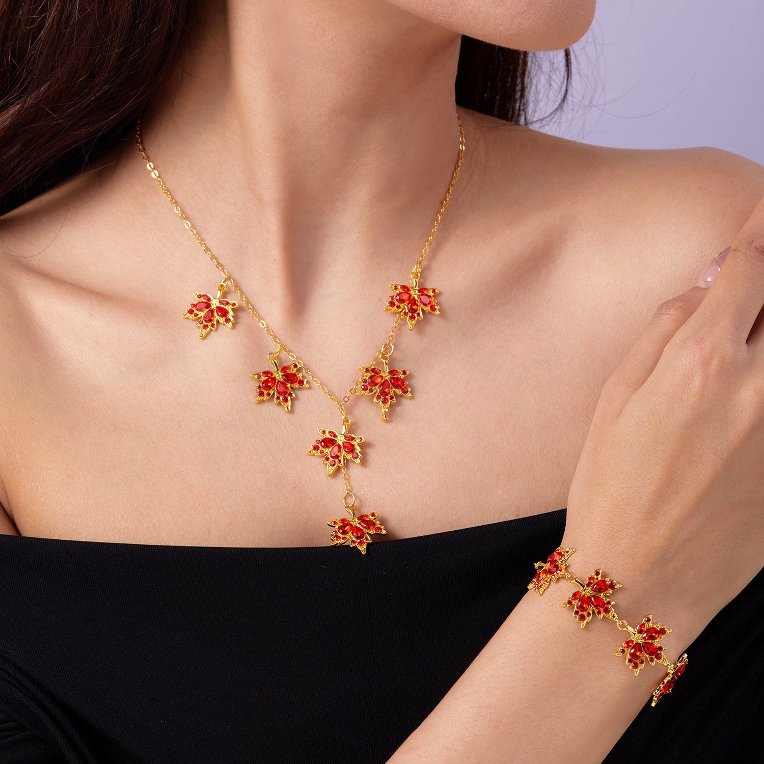 Wholesale Maple Leaf Rhinestone Bracelet and Necklace Set Alloy Fashion Jewelry Accessory
