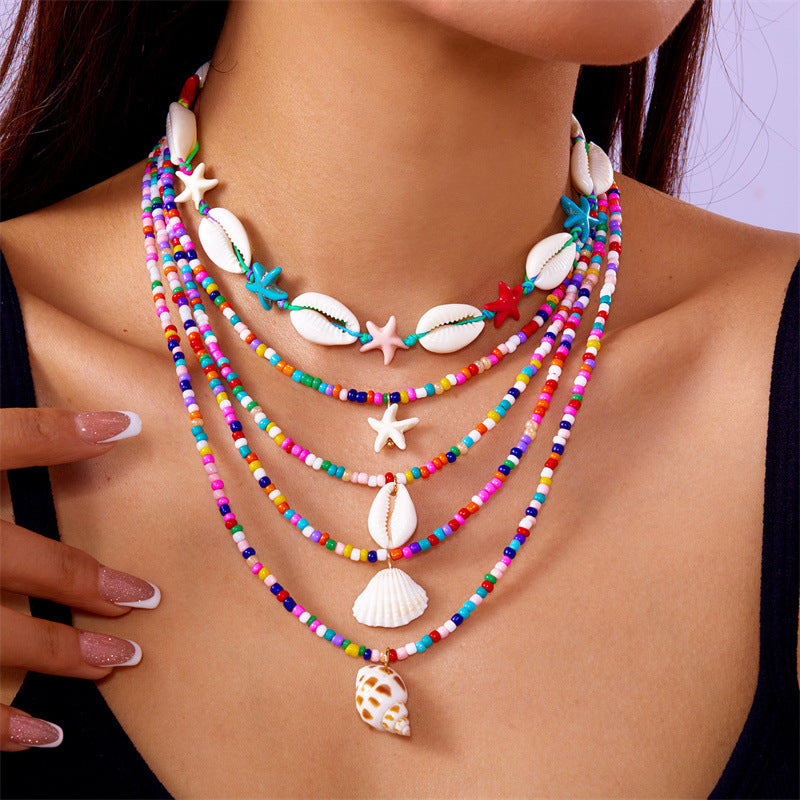 Wholesale  Multi-layer Necklace  All-match Summer Starfish Shell Conch Rice Bead Necklace 5-piece Set