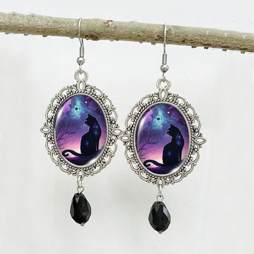 Wholesale Halloween Stainless Steel Ear Hook Oval Lace Pumpkin Black Cat Moon Metal Earrings ACCVIP-ES-XiangLian005