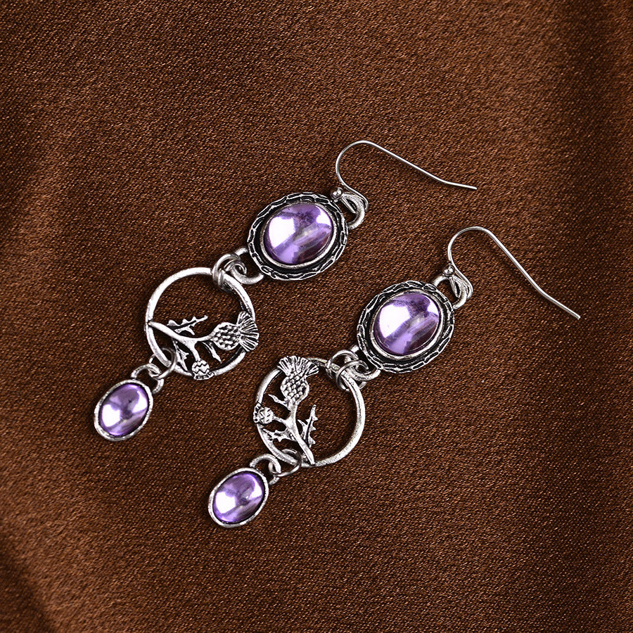 Wholesale European and American Fashion Noble and Mysterious Purple Gemstone Pendant Geometric Branch Circle Earrings Elegant Vintage Earrings