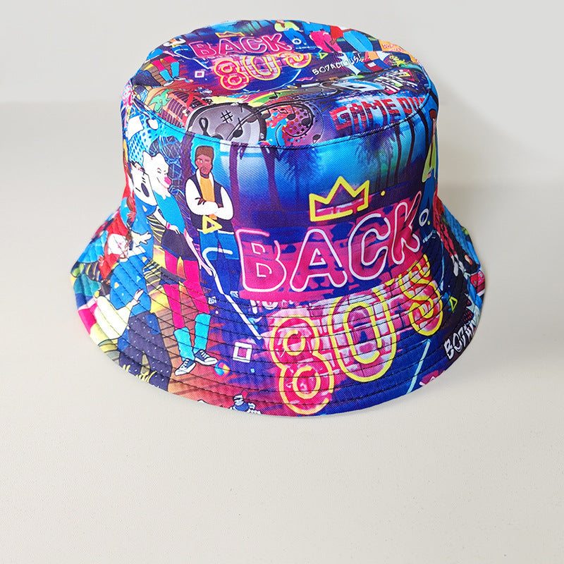 Wholesale Printed Cartoon Fisherman Hat,  Double-Sided Retro Sunshade,  Casual Outdoor Hat for Men Women
