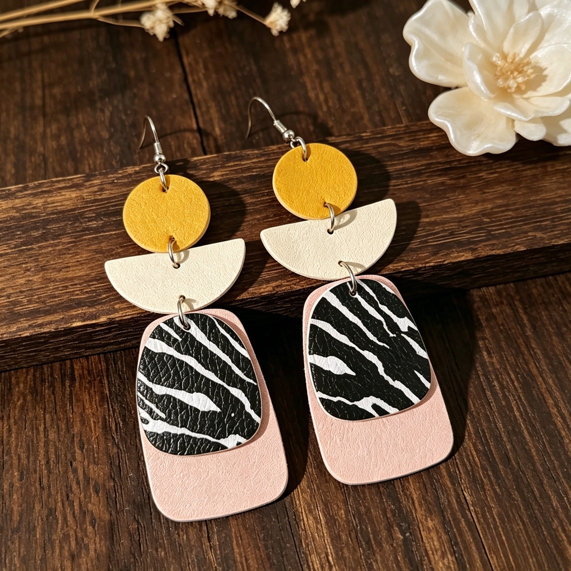 Wholesale Retro Zebra Pattern Faux Leather Earrings - Color-Block Geometric Patchwork Jewelry Accessory