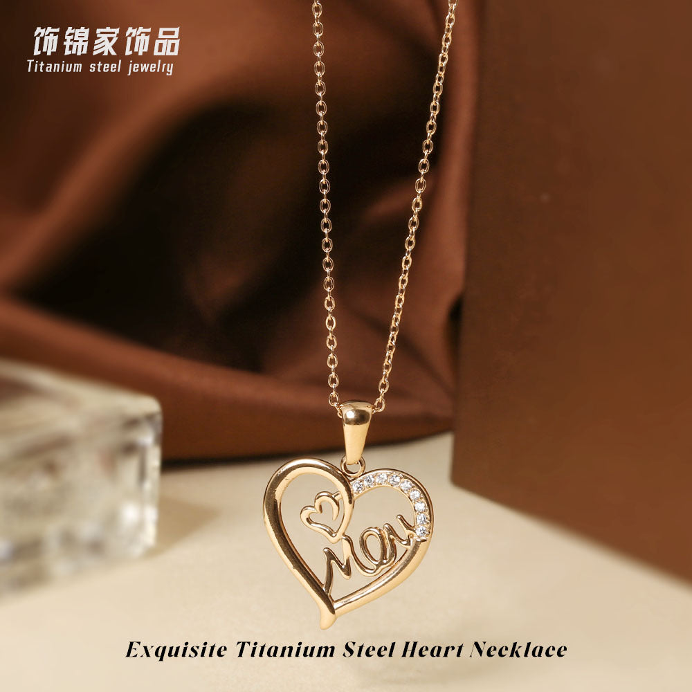 Wholesale Mother' s Day Titanium Steel Heart-Shaped Pendant Necklace with Zircon Inlay