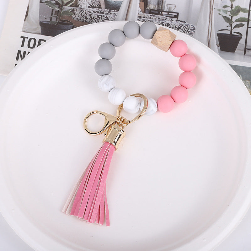 Wholesale Trendy Silicone Bead Bracelet With Tassel Wooden Bead Keychain Natural Geometry Style Chic Jewelry Accessory Gift